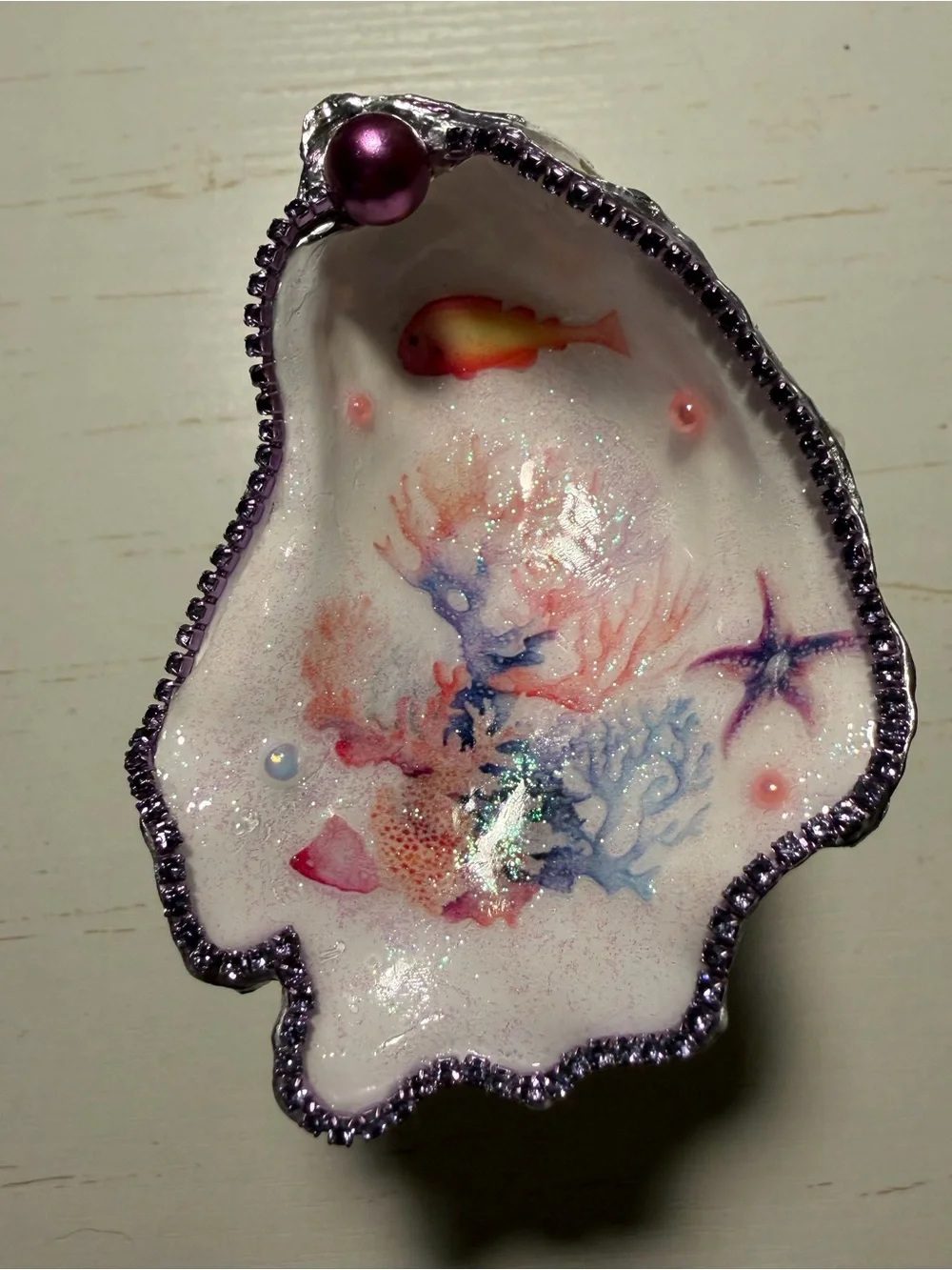 Handmade decoupage coral under the sea oyster shell trinket dish on stand